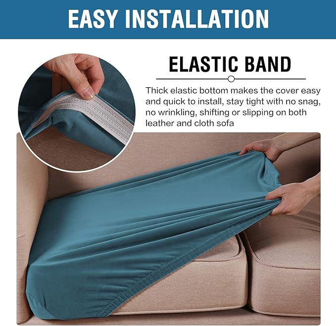 H.VERSAILTEX Velvet Stretch Couch Cushion Cover Plush Cushion Slipcover for Chair Loveseat Sofa Cushion Furniture Protector Seat Cushion Sofa Cover (2 Piece Medium Sofa Cushion Covers, Peacock Blue)