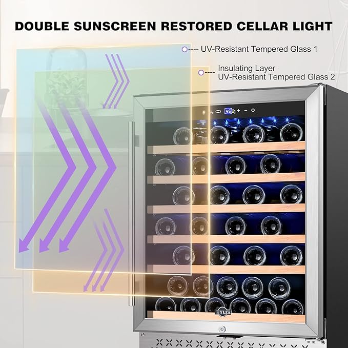Tylza 24 Inch Wine Cooler Refrigerator, 51 Bottle Built-in or Freestanding, 24'' Fridge with Stainless Steel & Double Layer Tempered Glass Door and Temperature Memory Function