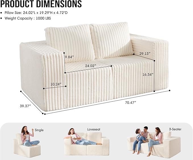 Modular Sectional Sofa 2 Seater Loveseat Modular Couch with Deep Seat Memory Foam Cloud Chair with Pillows Oversized Sectional Sofa for Living Room Bedroom (Strip White, Loveseat)