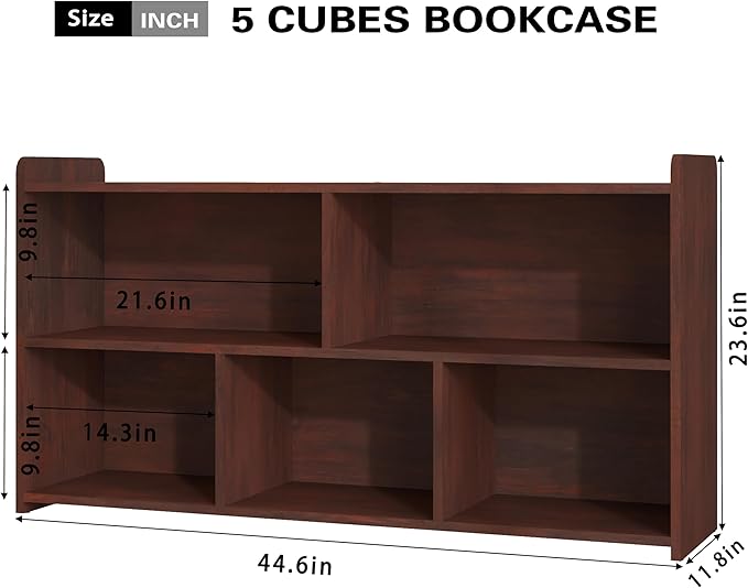 Book Shelf Set of 2, 5 Cubes Storage Organizer, Open Shelf Wooden Bookcase, Freestanding Cherry Bookshelf Cube Shelf for Bedroom, Living Room, Home Office