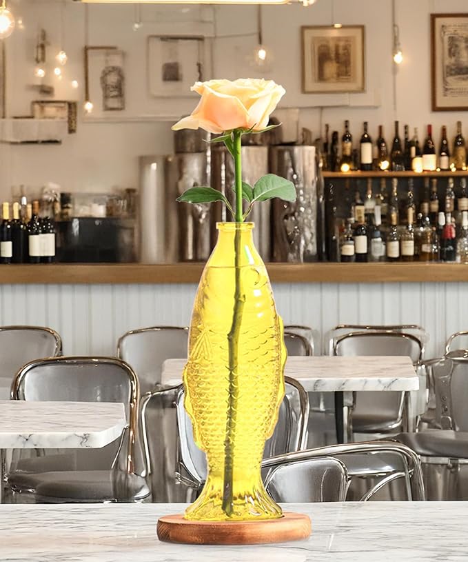 Nacome Fish Vase Glass Plant Terrarium with Wooden Stand,Planter Propagation Station for Home Office Hydroponics Desk Decoration,Unique Gardening Gifts for Plant Lovers Women Mom(Yellow)