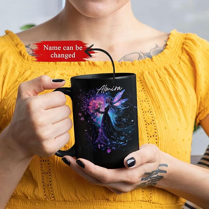 Personalized Beautiful Fairy Holding Flower Coffee Mug, Custom Name Ceramic Cup 11oz 15oz, Enchanted Fantasy Themed Mug, Custom Fairy Lovers Black Cup, Kids Mug, Elegant Fairy Mug
