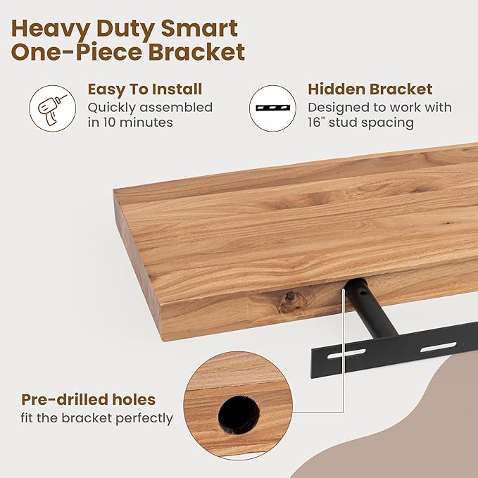 Floating Shelves for Wall Decor, Rustic Solid Elm Wood Floating Shelves Wall Mounted, Wall Shelves with Invisible Bracket for Living Room Bathroom Bedroom Kitchen, 36 Inch Set of 2, Natural