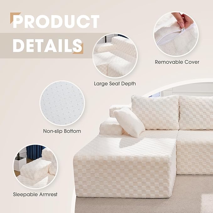 Hobestluk 96” Modular Sectional Sofa Couches L-Shape Couch 3 Seat Modular Sofa Memory Foam Sectional Couches for Living Room, Cloud Couch with Oversized Chaise (White, Checked (Left Facing Chaise))