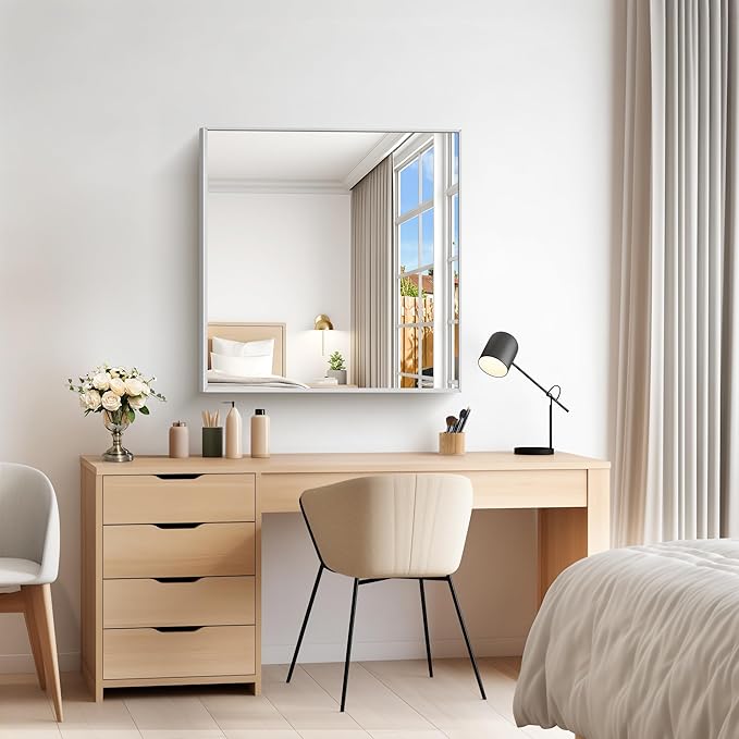 Silver Bathroom Mirror for Wall, 30x30 Inch Rectangle Mirrors with Metal Frame, Modern Vanity Wall Mirror Decor for Bathroom Living Room, Entryway Hangs Horizontal or Vertical