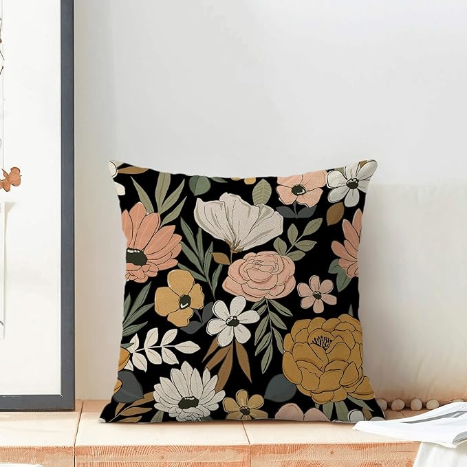 CXMEIFLY Spring Floral Pillow Covers 18 x 18 Inch Set of 2 for Vintage Pink Mustard Yellow Cream Flowers Decor Throw Pillows Plant Black Outdoor Decorative Cushion Cases for Couch Bed Decorations