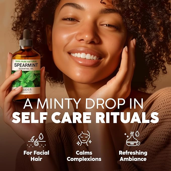 Kukka Spearmint Oil for Facial Hair - 4 Fl Oz - 100% Pure Natural Aromatherapy Spearmint Essential Oil for Skin & Hair Care, Diffuser, Bath Bombs, Soaps and Candles - Soap Making & DIY