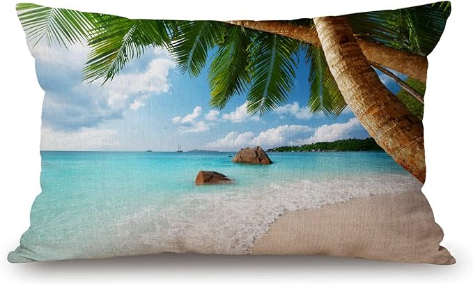 Farmhouse Decorative Outdoor Throw Pillow Covers for Couch Sofa Bed Tropical Palm Tree ANSE Lazio Beach at Praslin Island Pillow Cover Modern Decor Pillow Case 12 x 20 Inch Jcp133