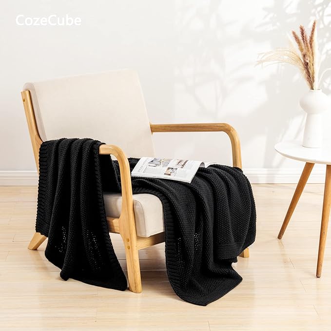 CozeCube Black Throw Blanket for Couch, Soft Cozy Cable Knit Throw for Bed Sofa Living Room, Lightweight Warm Decorative Farmhouse Christmas Blanket, 50"x60", Jet Black