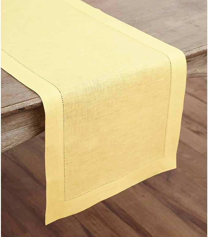 Solino Home Linen Yellow Table Runner 48 Inches - Classic Hemstitch, 100% Pure Linen Coffee Table Runner 14 x 48 Inch Ideal for Dresser Tables