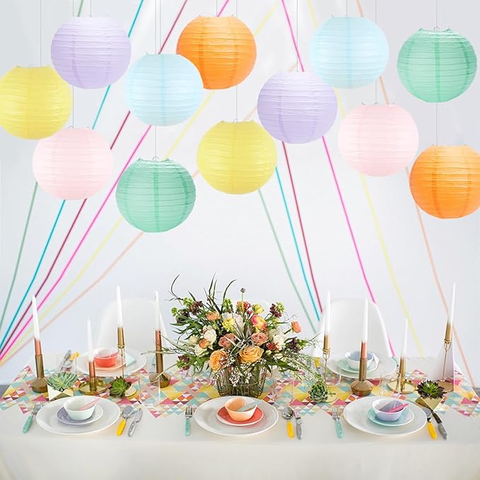 Paper Lanterns Pastel Round Hanging Chinese Lanterns for Birthday Baby Shower Rainbow Easter Party Decorations Pack of 12