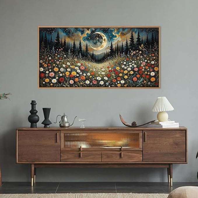 HPINUB Wildflower Moon Pine Tree Framed Canvas Wall Art Set,Nature Forest Wall Decor,Mystical Starry Night Artwork Rustic Mountain Landscape Art Print for Living Room,Bedroom,Office-20 x40