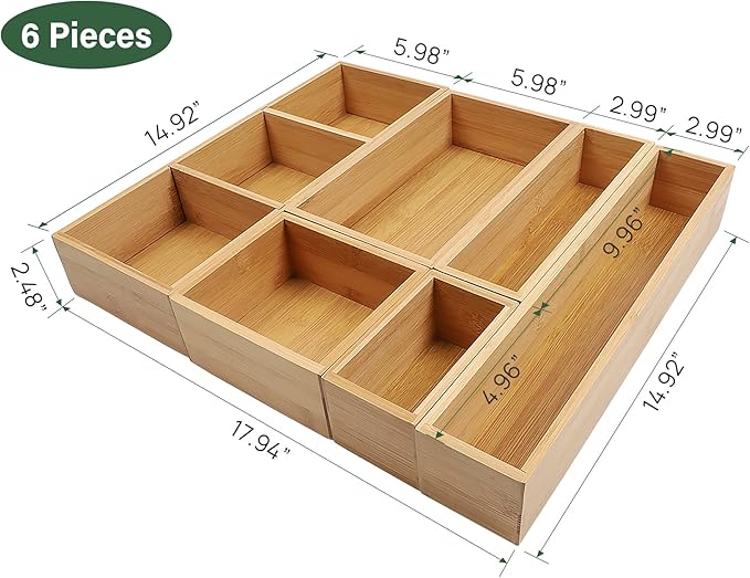 Kootek Bamboo Drawer Organizer with Removable Dividers, 6 Pcs Adjustable Kitchen Drawer Organizer Utensils Bamboo Organizers Silverware Storage Box Cutlery Tray Multi-Use for Bathroom, Makeup, Office