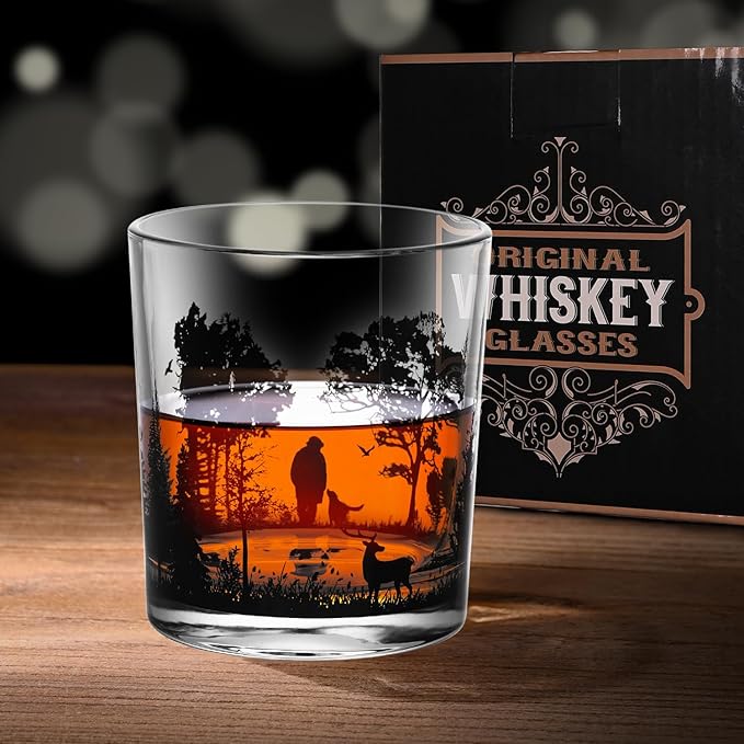 Old Fashioned Whiskey Glasses, Stemless Wine Glasses with Gift Box, 10Oz Rocks Glass for Scotch Cocktail Bourbon Vodka Liquor, Unique Gifts for Dad, Husband, Father's Day, Anniversary