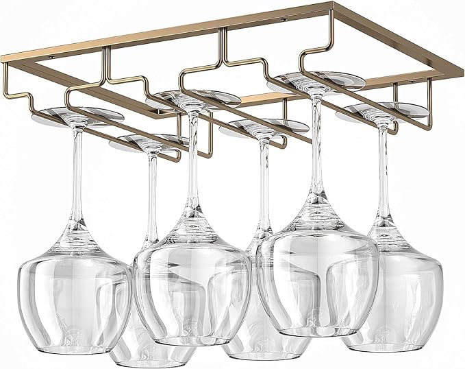 Wine Glass Rack - Under Cabinet Stemware Wine Glass Holder Glasses Storage Hanger 2 Pack Metal Organizer for Bar Kitchen Gold