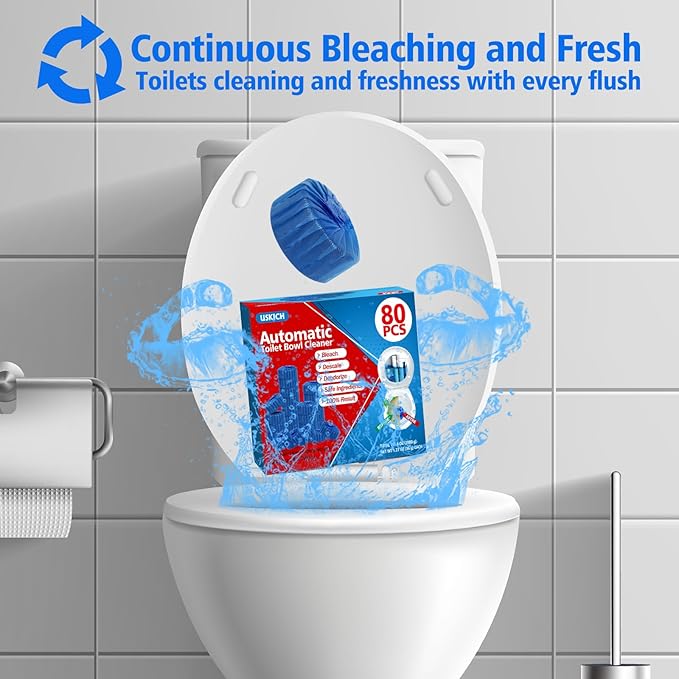 USKICH Toilet Bowl Cleaner Tablets 80 PACK, Bathroom Automatic Toilet Tank Blue Cleaners with Bleach, Slow-Releasing Household Toilet Cleaners for Deodorizing, Descaling, against Tough Stains