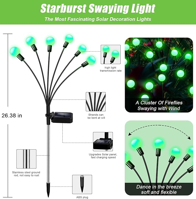 Solar Garden Lights Outdoor, 4 Pack 24LED Waterproof Solar Powered Lights for Yard Pathway Patio, Swaying Lawn Decor as Gardening Gifts for Women Holiday(4 Pack Green)