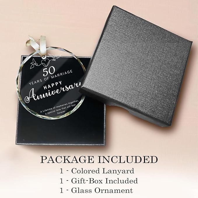 50th Wedding Anniversary Glass Ornament – Elegant Clear Glass Christmas Tree Decoration & Golden Anniversary Keepsake Gift for Parents, Grandparents, or Couples Celebrating 50 Years