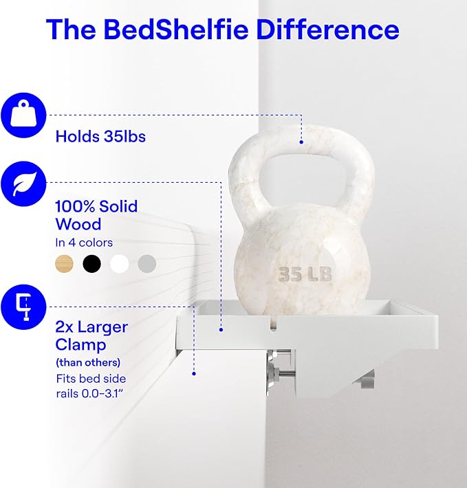 BedShelfie Bedside Shelf for Bunk Bed & Top Bunk, College Dorm Room & Loft Nightstand, Floating Bed Side Table Tray Storage - Plus Grey Wood