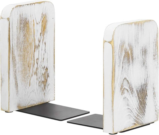 MyGift Whitewashed Wood Desktop Bookends, Decorative Bookshelf Display Organizers Office Book Shelf Decor, 1 Pair
