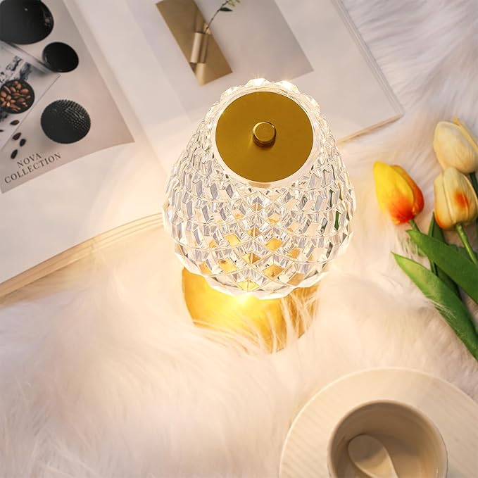 Liliful 2 Pcs LED Portable Cordless Table Lamp Touch Battery Operated Rechargeable Desk Lamp 3 Color Dimmable for Bedroom Living Room Dining (Diamond Style,Gold)
