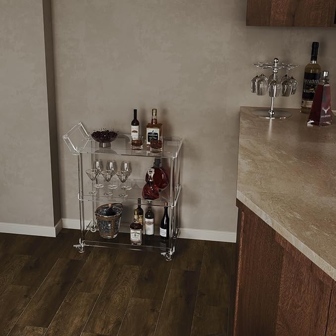 HMYHUM Acrylic Bar Cart with 4 Lockable Wheels, 30.5" L x 15.2" W x 34.5" H, Rolling Serving Cart for The Home Bar, Kitchen, Living Room, with Pulling Handle, Modern, 3-Tier, Clear
