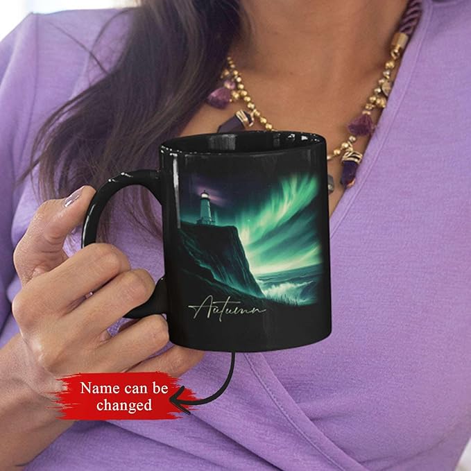 Customized Name Black Coffee Mug, Personalized Beautiful Northern Lights And Lighthouse Mug, Custom Mystical Ocean View Ceramic Cup, Gift For Women Men, Nature Themed Mug 11oz 15oz