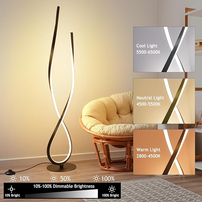 NUÜR Spiral Floor Lamp, 59" Tall Black LED Modern Standing Floor Lamp with Remote Control, Arched Bright Floor Lamps for Living Room Bedroom Office Home (Spiral Floor Lamp)