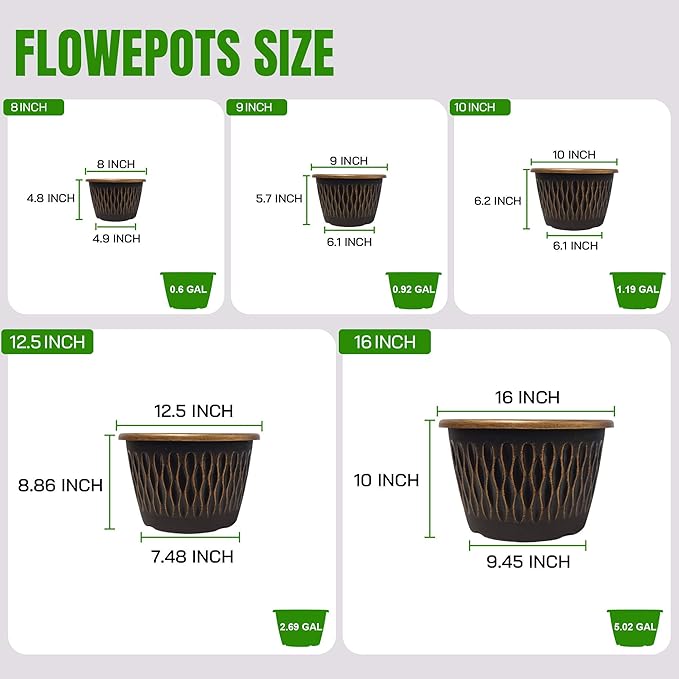 6 Pack 8 Inch Retro Plant Pots, Vintage Striped Flower Pots with Drainage Hole & Saucer, Large Plastic Planters for Indoor and Outdoor Plants, Decorative Garden Pots(Gold)