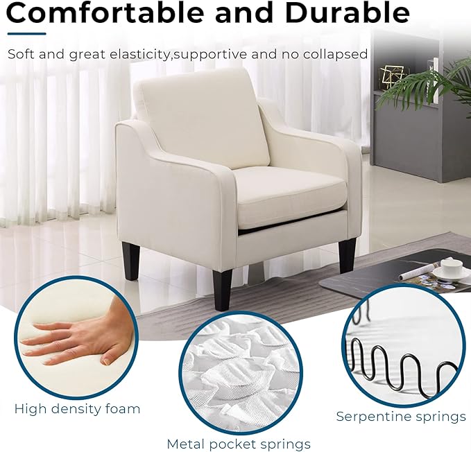 VINGLI Mid Century Modern Accent Chair, Beige Fabric Accent Chairs for Living Room Upholstered Armchair Sofa with Scooped Arms for Bedroom, Apartment, Studio, Office, Waiting Room