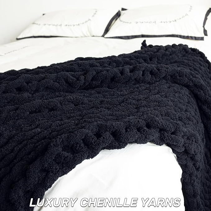 Chunky Knit Blanket - Luxury Soft Cozy 50 * 60 Throw Blanket,100% Woven Blanket Rope Knot Throw Blanket for Couch, Sofa, Home Decor, Gift - Machine Washable（Black）