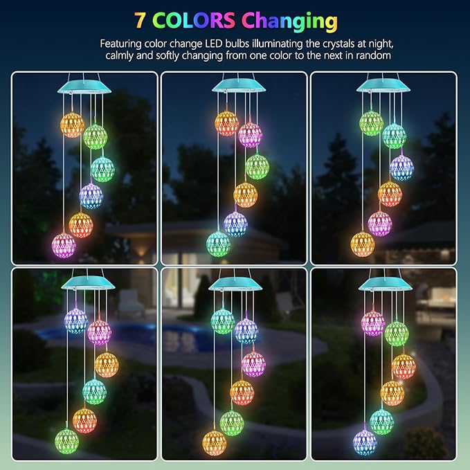 Toodour Solar Wind Chime, Color Changing Moroccan Ball Wind Chimes, LED Decorative Mobile, Gifts for Mom, Waterproof Outdoor Decorative Lights for Garden, Patio, Party, Yard, Outdoor Decorations
