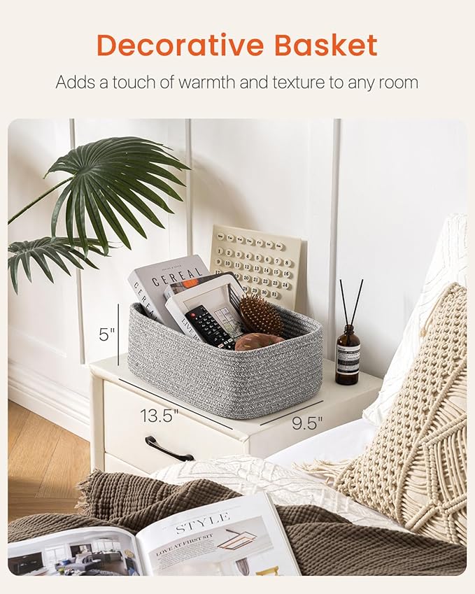 KALLAX Small Woven Basket, 13.5 x 9.5 x 5 Inches, Storage Basket for Organizing, Cute Small Rope Shelf Closet Cube Storage Bins Baskets for Shelves, Dog Toy Gift Baskets Empty, 3 Packs, Mixed Grey