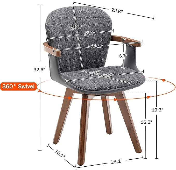LUNLING Swivel Dining Chairs, Mid Century Modern Gray Fabric+Faux Leather Kitchen Chairs with Arms,Bamboo Legs Side Chairs No Wheels,Accent Chair for Dining Rooms and Offices(Gray Fabric,1PCS)