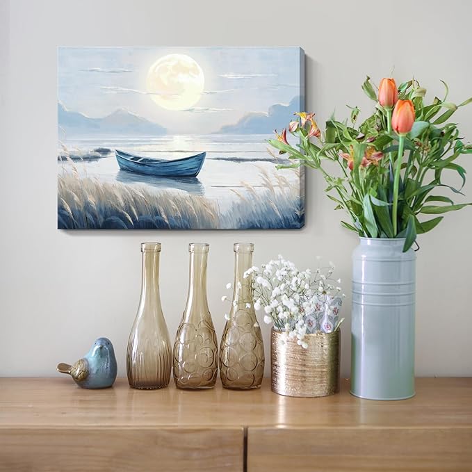 amatop Coastal Bathroom Wall Art Blue Beach Nautical Ocean Nature Canvas Picture with Boat Moon Lake Mountain Sea Relaxing Serene Landscape Gallery Wrapped Artwork for Modern Home Bedroom Decor 16x12