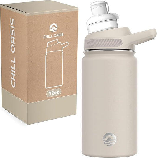 Chill Oasis Water Bottle | Compatible With Popular Flavor Cartridges | BPA Free, Leak Proof, Double-Walled Vacuum Insulated Stainless Steel, and Dishwasher Safe | Cold for 24 Hours (Beige, 12oz)