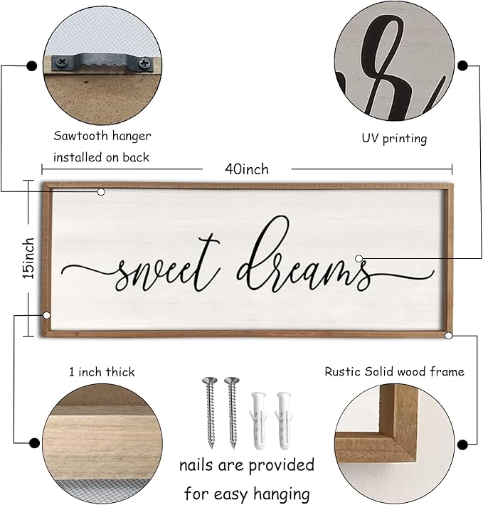 Sweet Dreams Wall Decor Above Bed 40''×15'' Master Bedroom Large Sweet Dreams Sign Farmhouse Wall Decor Guest Room Wood Rustic Framed Over Bed Wall Art Hanging Decoration (Wood White)