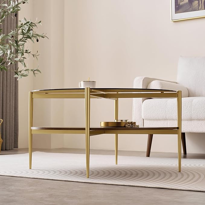 Extra Large Round Coffee Table, Mid-Century Modern Design, D34 x H17 in, for Living Room, 2-Tier Structure, Amber Glass Top and Walnut MDF Shelf, Sleek Conical Metal Legs with Gold Finish