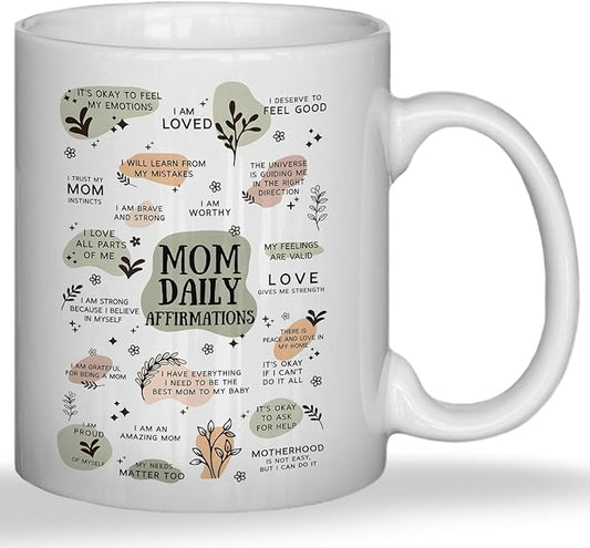 JINYO Boho Floral Mom Coffee Cup, Mother's Day Mugs Cups, Mother Birthday Gifts from Daughter Son, Mom Daily Affirmation Ceramic Coffee Tea Mug 11 oz