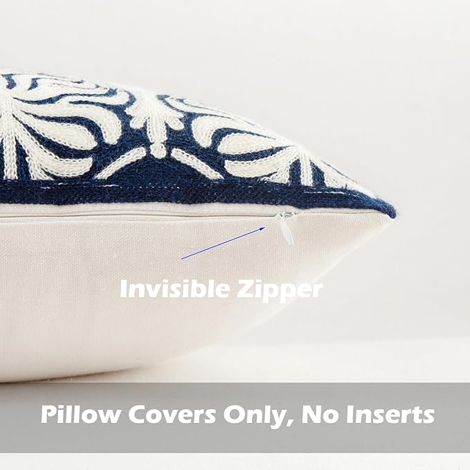 HWY 50 Navy Blue Decorative Lumbar Pillow Cover Rectangle 12x20 Inch (1 Piece), Embroidered Cotton Farmhouse Cushion Cover Pillow Case for Sofa Couch Living Room Bed, Minimalist Floral