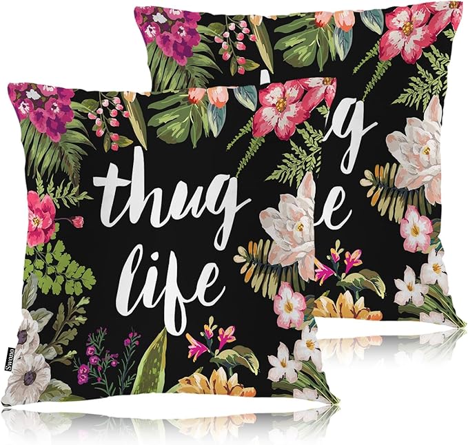 Swono Set of 2 Thug Life Pillow Covers 18 X 18 Inch, Tropical Flowers Rose Square Decorative Throw Pillow Covers for Sofa Couch Bed, Outdoor Indoor Pillowcase Cushion Cover