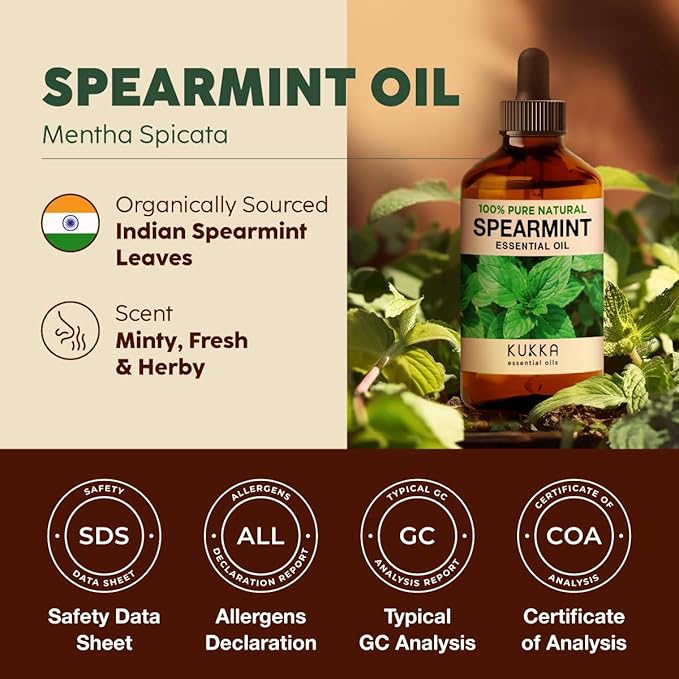 Kukka Spearmint Oil for Facial Hair - 4 Fl Oz - 100% Pure Natural Aromatherapy Spearmint Essential Oil for Skin & Hair Care, Diffuser, Bath Bombs, Soaps and Candles - Soap Making & DIY