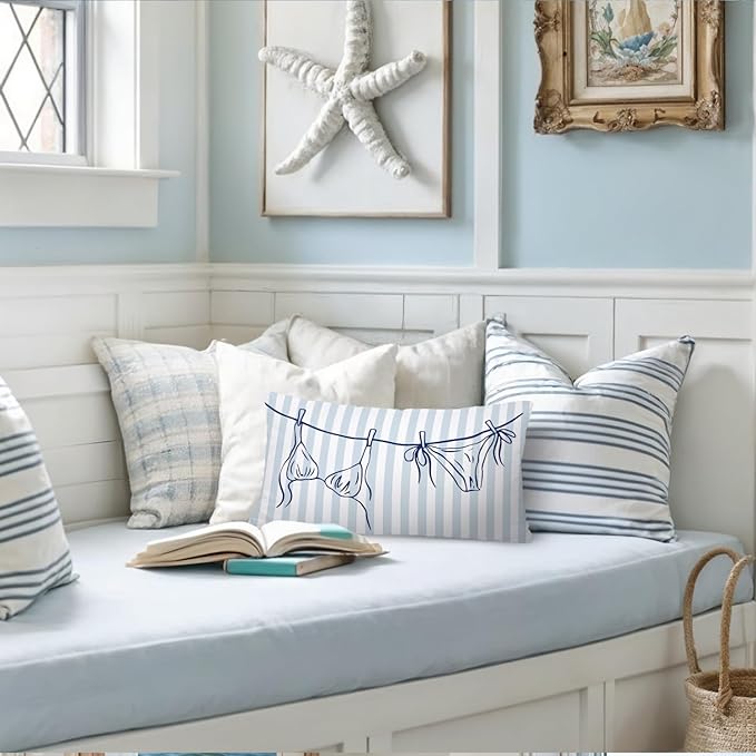 Coastal Beach Girly Room Decor 12x20 Pillow Cover, Preppy Beach Navy Blue Bikini Striped Decorative Lumbar Pillow Covers for Girls Bedroom College Dorm Sofa Couch