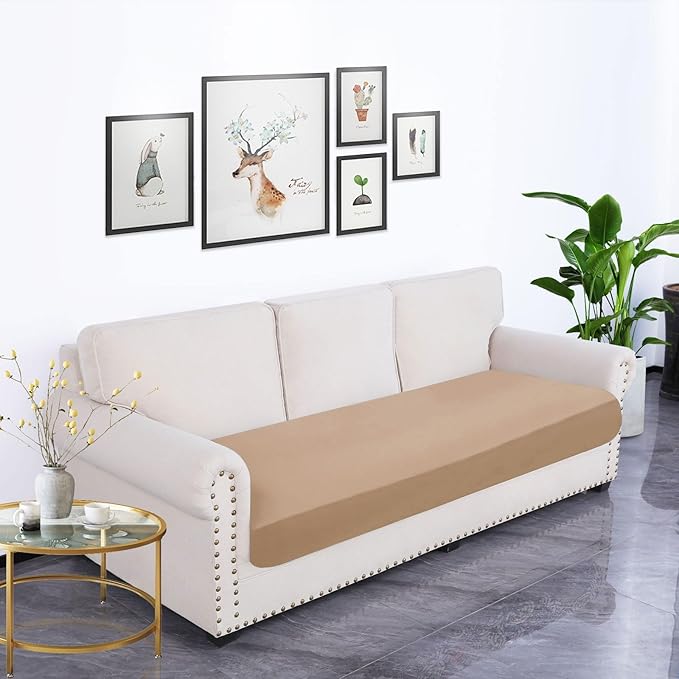 hyha Waterproof Couch Cushion Covers, Stretch Sofa Couch Seat Slipcover for Dog Washable, Non-Slip Waterproof Outdoor Cushion Covers for Patio Furniture Replacement (1 Piece for Large, Camel)