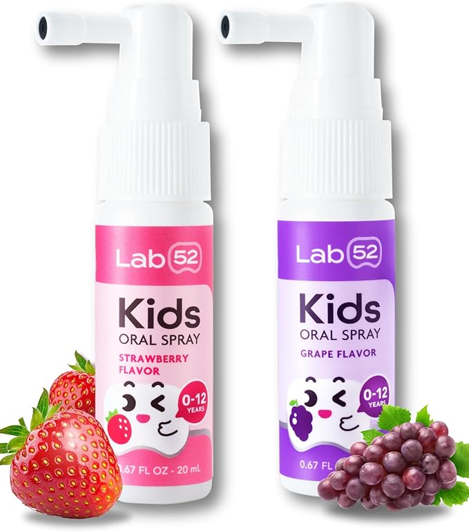 LAB52 Kids Oral Spray, Toddler Toothpaste Helper for Daily Oral Care and Fresh Breath, Children Approved with Fluoride Free for Newborn to Preschoolers, Xylitol (Strawberry & Grape)