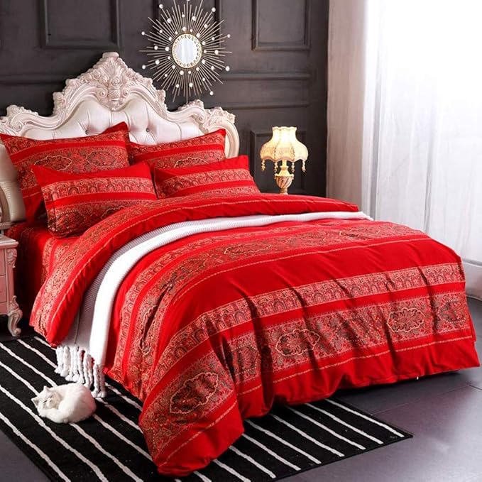 ABREEZE Full Duvet Covers, Bohemian Retro Bedding Set, Coloful Mandala Down Comforter Cover, Boho Floral Style Quilt Cover, 100% Brushed Cotton, 1 Duvet Cover and 2 Pillow Shams,Red
