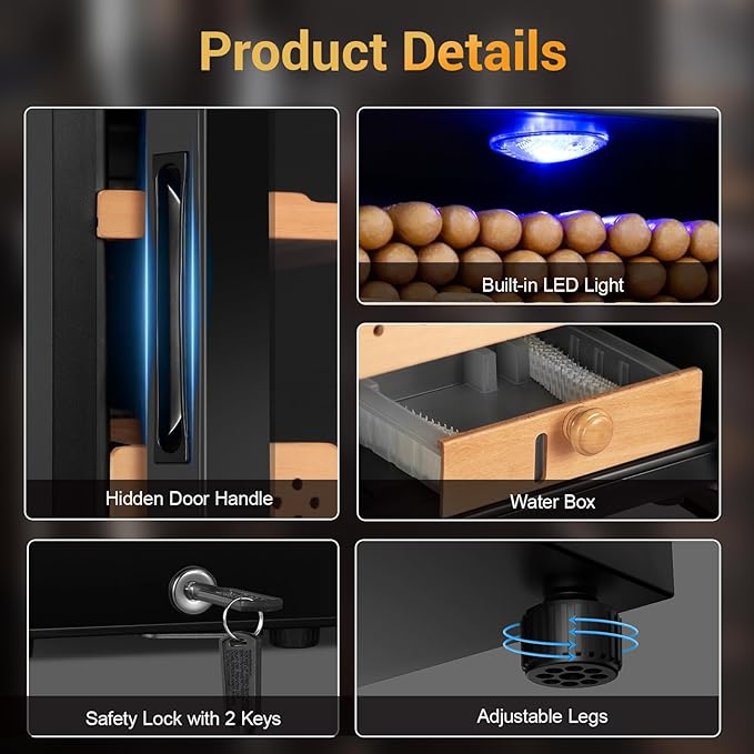 Electric Cigar Humidor, 35L 250 Counts Large Capacity Thermostatic Desktop Humidor Cabinet with Digital LED Screen, Safety Lock,Smart Humidity & Temp Control, Gifts for Men