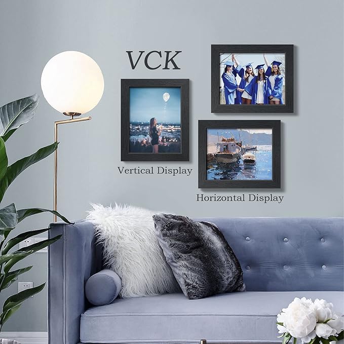 VCK 8x10 Picture Frame Set of 3 - Black, Textured Exclusive Solid Wood Picture Frames, Wall Hanging