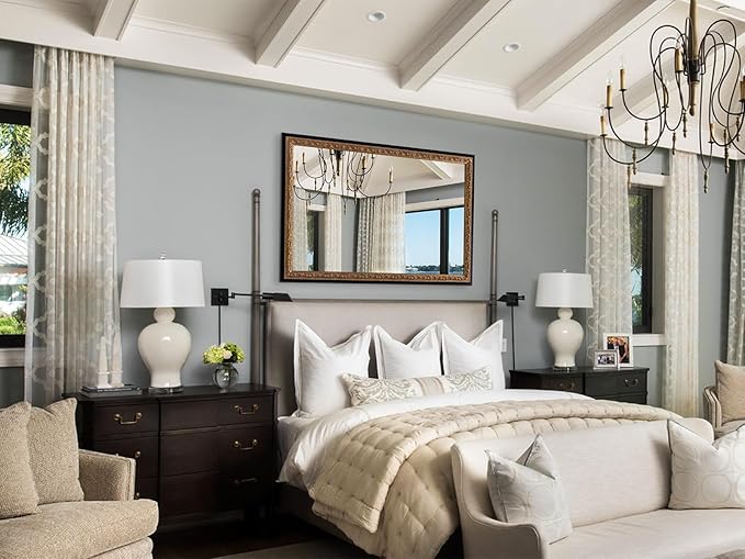 52"x36" Wall Mirrors Decorative, Black Bathroom Vanity Mirror with Gold Foil Carvings Wooden Frame for Living Room, Entryway and Bedroom