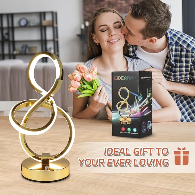 Modern Table Lamp, LED Bedside lamp with USB C+A ports, Touch Stepless Dimmable Nightstand lamp, Unique Spiral Table lamp for Bedroom Living Room Home Office, Spiral lamp for Ideal Gift, Gold